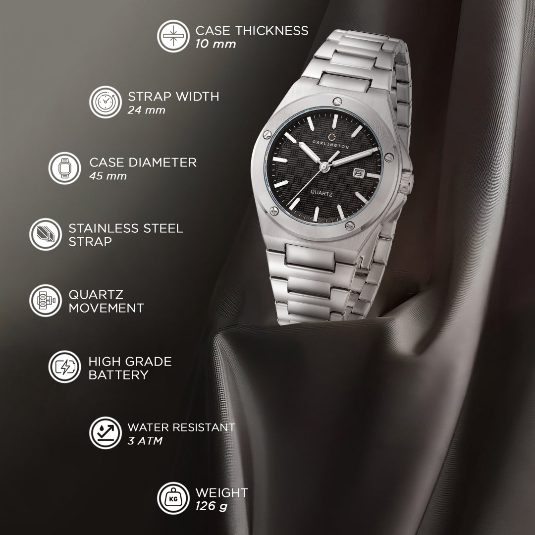 Carlington Meridian Series Analog Men Wrist Watches with Stainless Steel Chain Strap & Date Display | Fashion Watches for Gents | CT - 4020