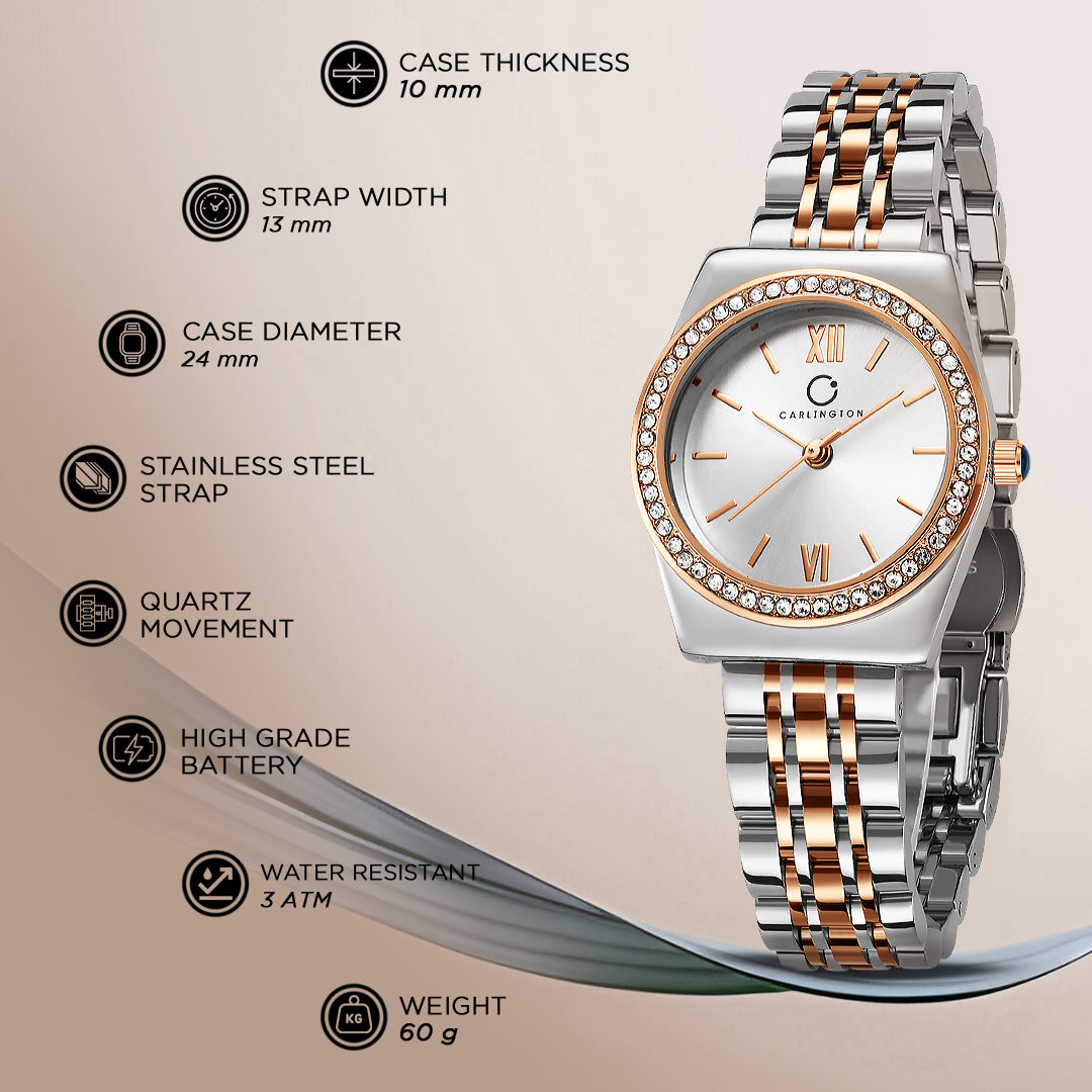 Carlington Diva Series Analog Women Wrist Watches with Stainless Steel Chain Strap | Premium Fashion Watches for Ladies | CT - 107