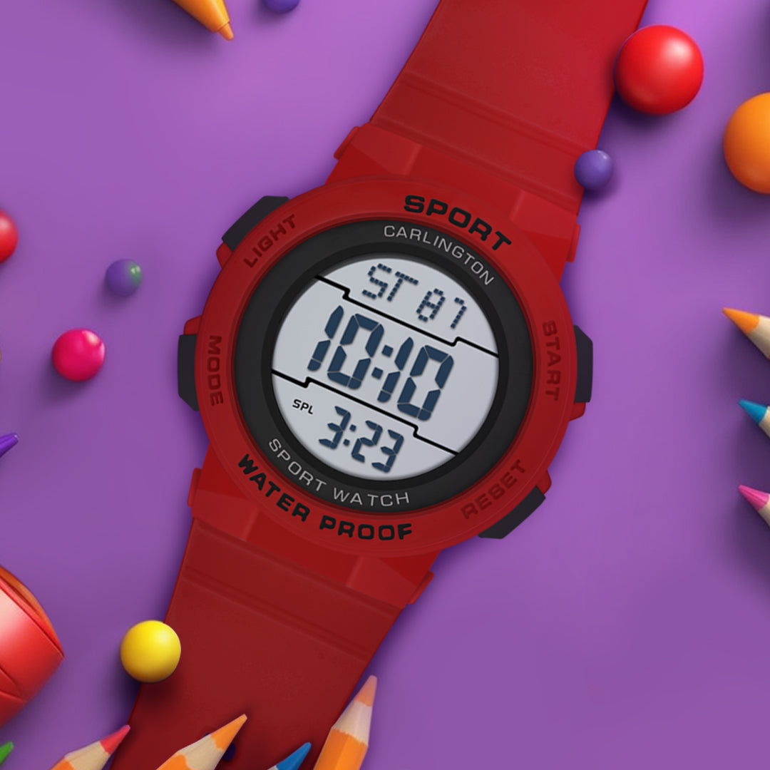 Carlington Kids Digital Watch for Boys and Girls Age 2 to 14 Years Red Purple Black Colour Band with Alarm and Date Display - CT_9123