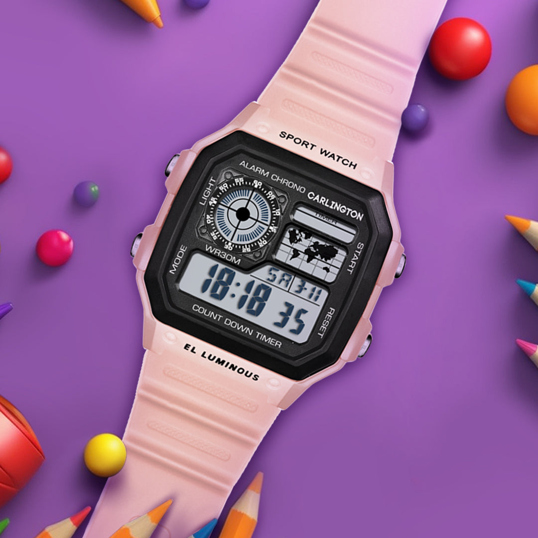 Carlington Kids Digital Watch for Boys and Girls Age 2 to 12 Years Pink Green Black Colour Band with Alarm and Date Display - CT_321