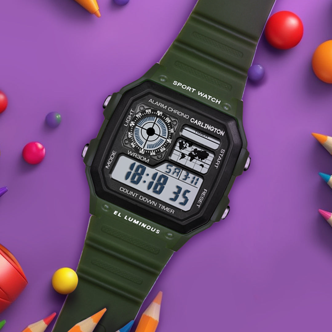 Carlington Kids Digital Watch for Boys and Girls Age 2 to 12 Years Pink Green Black Colour Band with Alarm and Date Display - CT_321