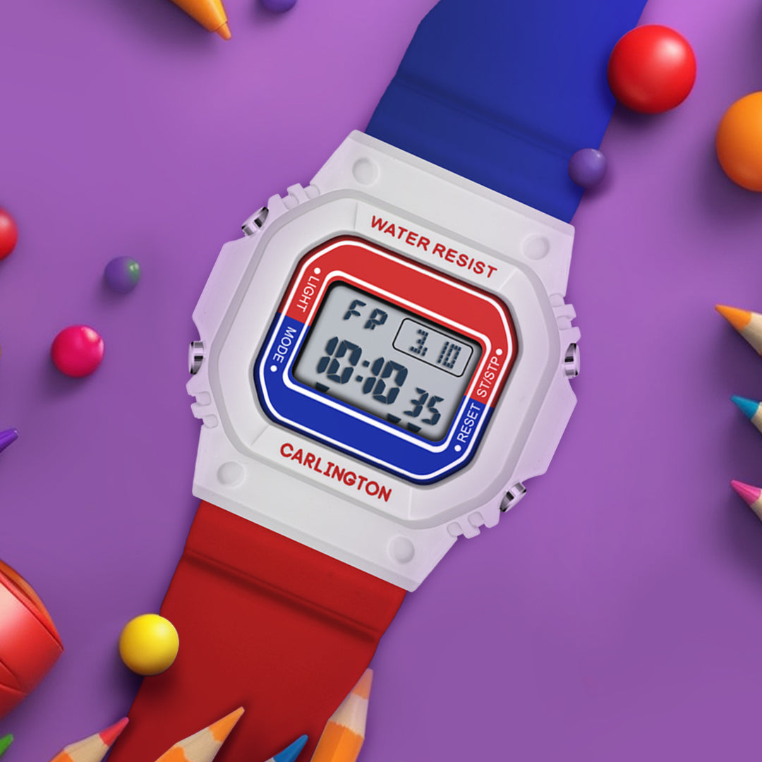 Carlington Kids Digital Watch for Boys and Girls Age 2 to 12 Years White Green Black Yellow Colour Band with Alarm and Date Display - CT_718