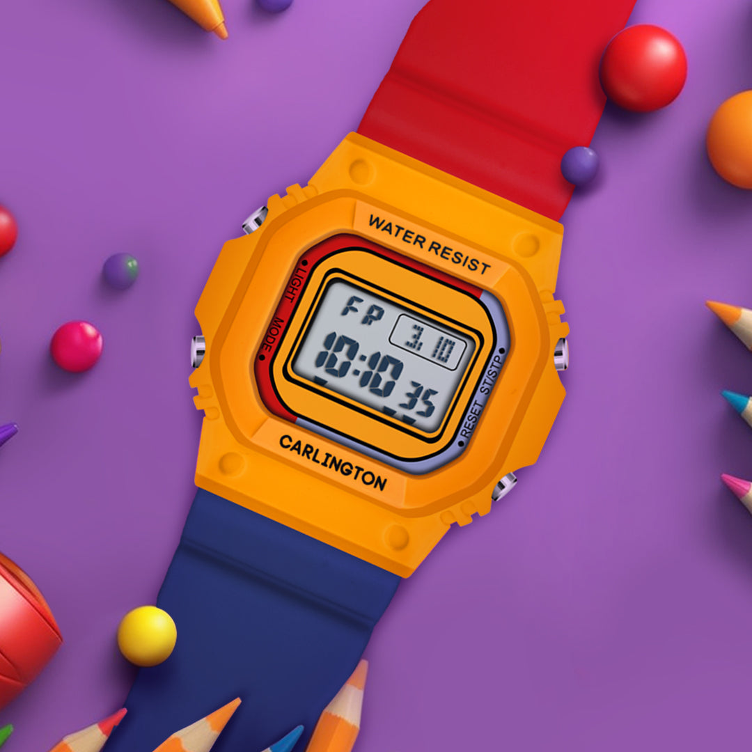Carlington Kids Digital Watch for Boys and Girls Age 2 to 12 Years White Green Black Yellow Colour Band with Alarm and Date Display - CT_718