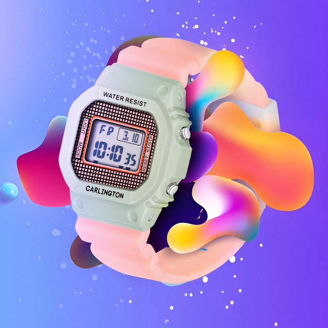 Carlington Kids Digital Watch for Boys and Girls Age 2 to 12 Years White Green Black Yellow Colour Band with Alarm and Date Display - CT_718