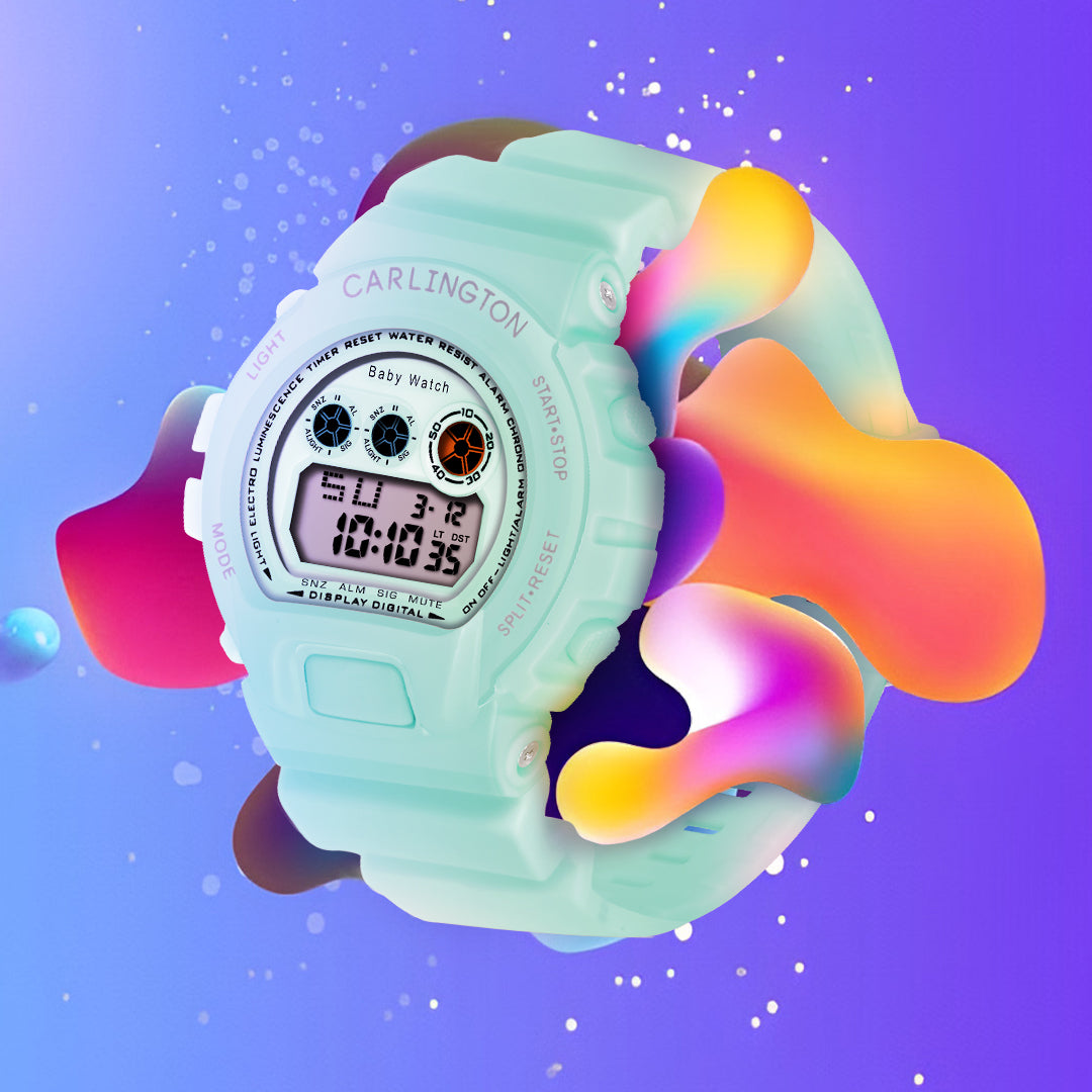 Carlington Kids Digital Watch for Boys and Girls Age 2 to 14 Years Pink Green Black Colour Band with Alarm and Date Display - CT_717