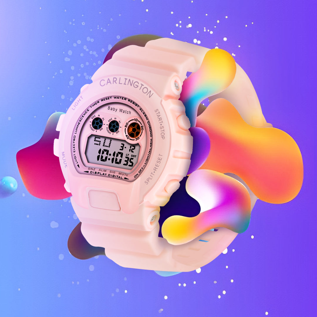 Carlington Kids Digital Watch for Boys and Girls Age 2 to 14 Years Pink Green Black Colour Band with Alarm and Date Display - CT_717