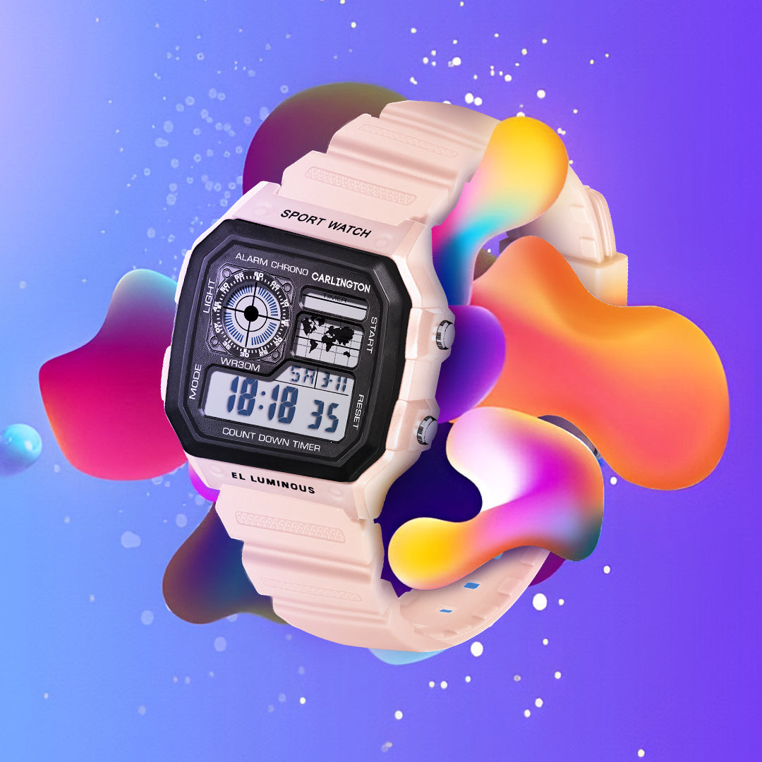 Carlington Kids Digital Watch for Boys and Girls Age 2 to 12 Years Pink Green Black Colour Band with Alarm and Date Display - CT_321