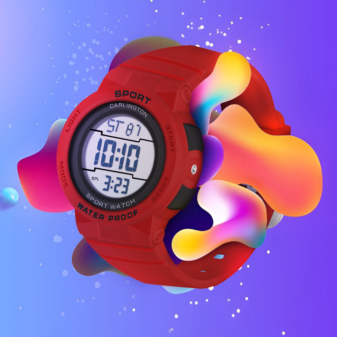Carlington Kids Digital Watch for Boys and Girls Age 2 to 14 Years Red Purple Black Colour Band with Alarm and Date Display - CT_9123