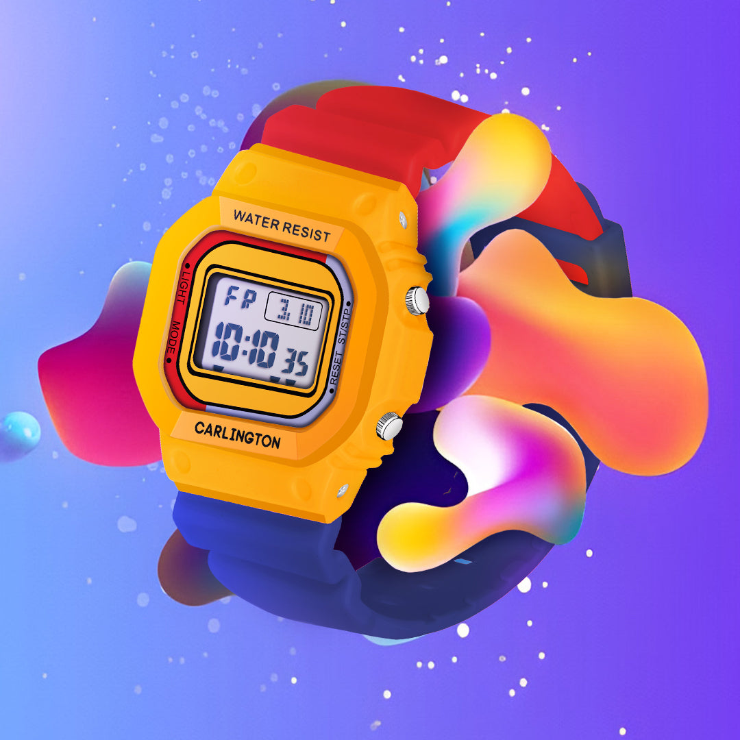 Carlington Kids Digital Watch for Boys and Girls Age 2 to 12 Years White Green Black Yellow Colour Band with Alarm and Date Display - CT_718