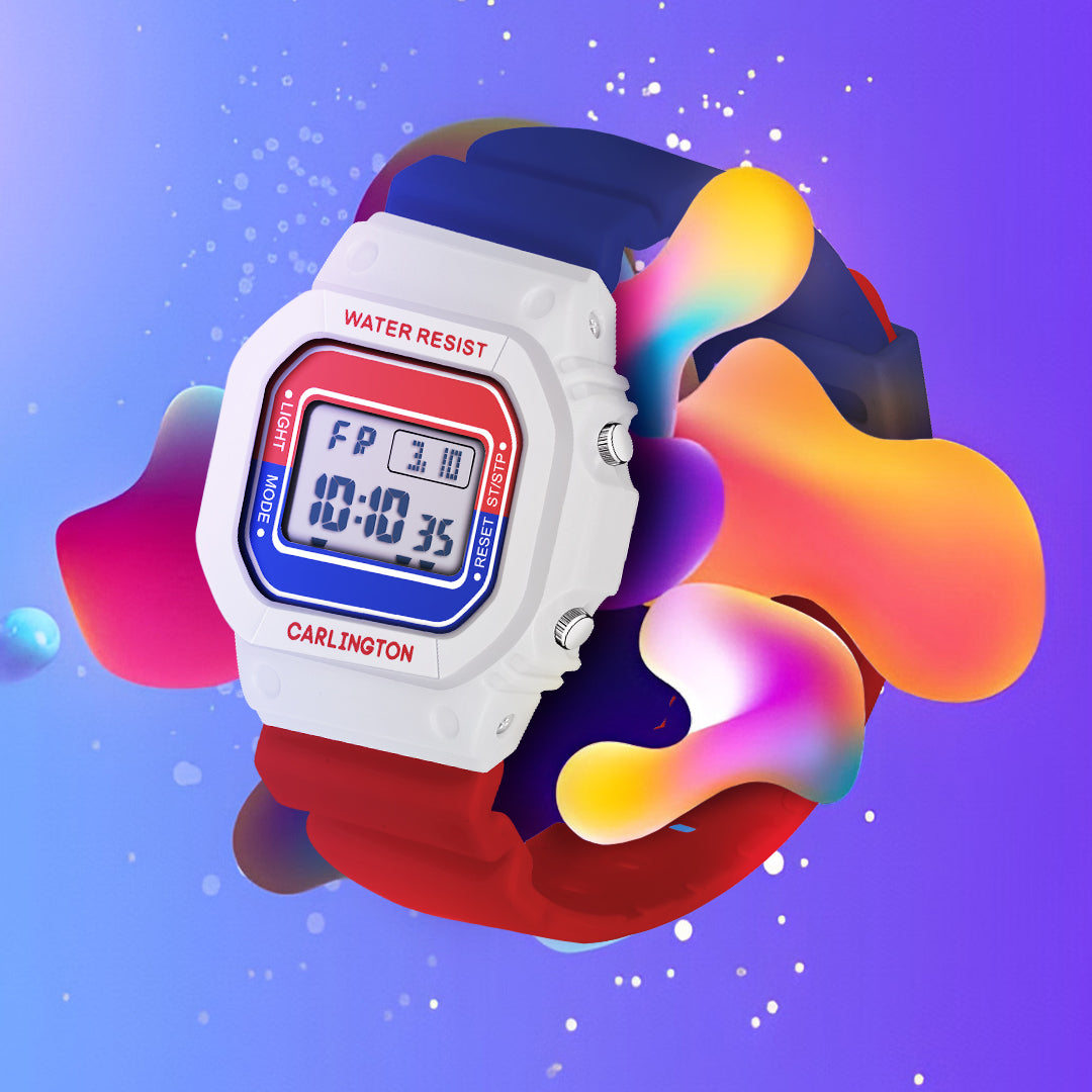 Carlington Kids Digital Watch for Boys and Girls Age 2 to 12 Years White Green Black Yellow Colour Band with Alarm and Date Display - CT_718