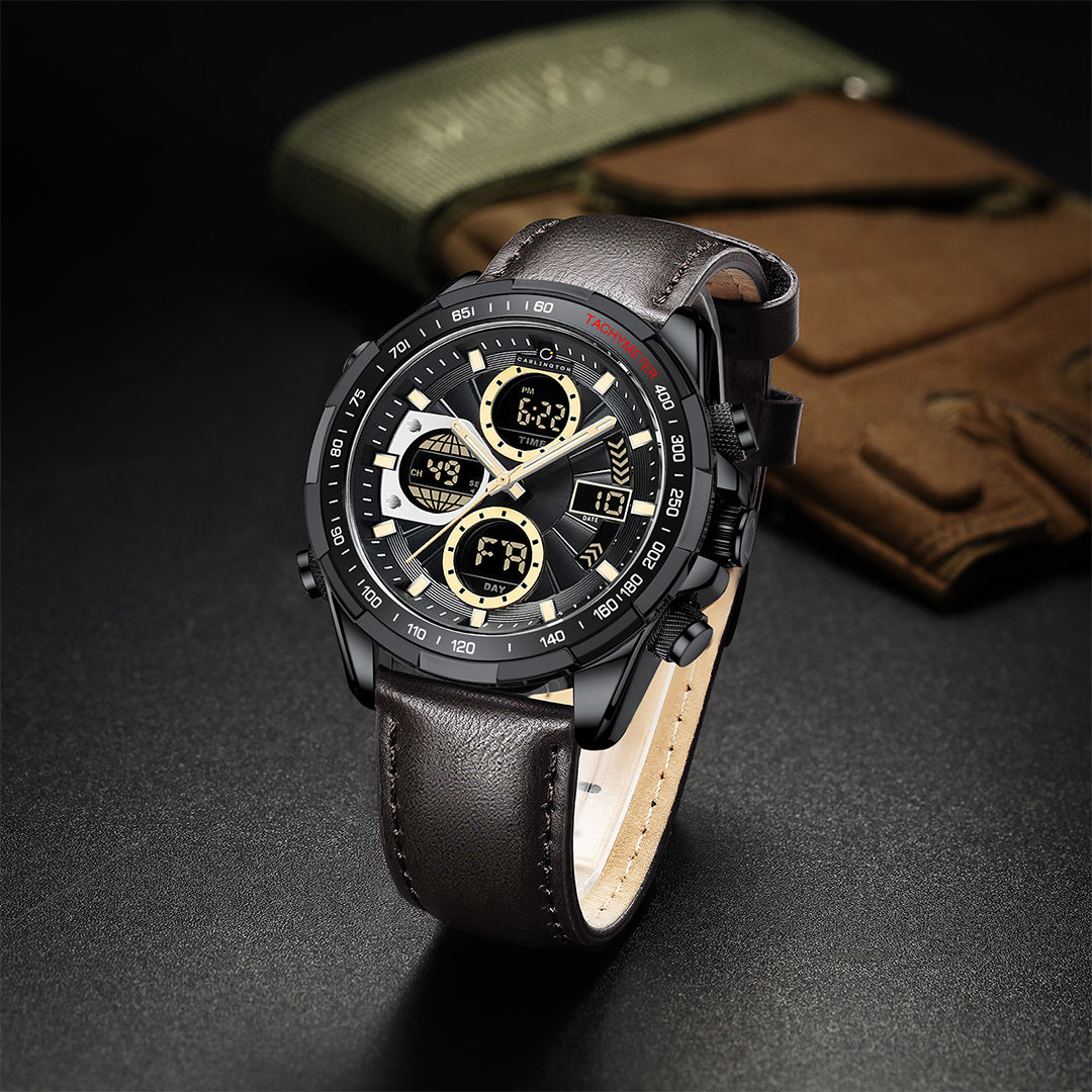 Carlington Nitro Analog-Digital Men’s Premium Leather Strap Wrist Watch | Quartz Movement | Water & Shock Resistant Watch for Men | Casual & Formal Wear - CT_9197