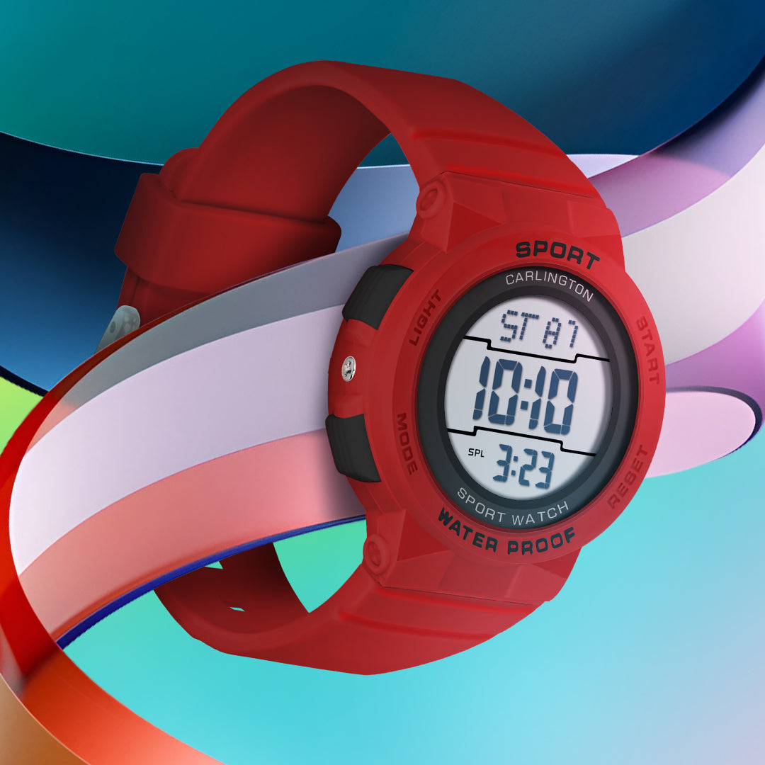 Carlington Kids Digital Watch for Boys and Girls Age 2 to 14 Years Red Purple Black Colour Band with Alarm and Date Display - CT_9123