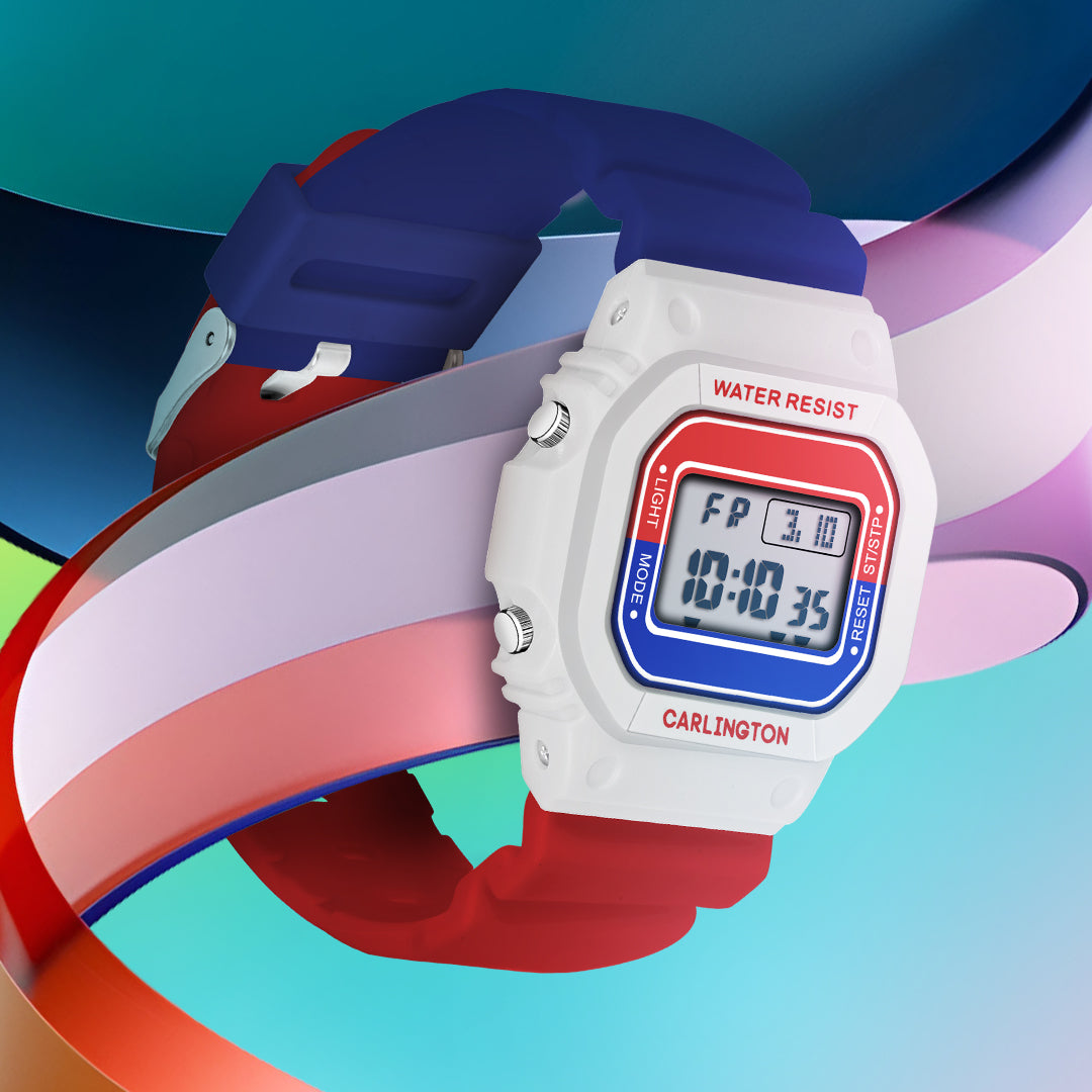 Carlington Kids Digital Watch for Boys and Girls Age 2 to 12 Years White Green Black Yellow Colour Band with Alarm and Date Display - CT_718