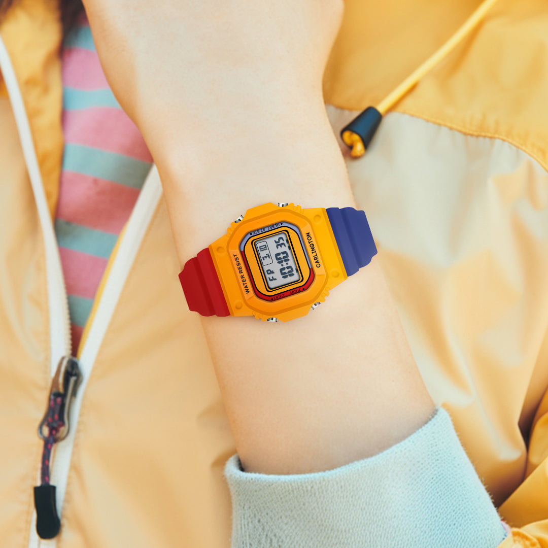 Carlington Kids Digital Watch for Boys and Girls Age 2 to 12 Years White Green Black Yellow Colour Band with Alarm and Date Display - CT_718