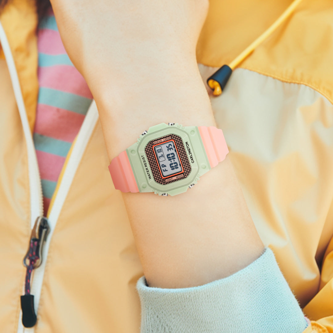 Carlington Kids Digital Watch for Boys and Girls Age 2 to 12 Years White Green Black Yellow Colour Band with Alarm and Date Display - CT_718