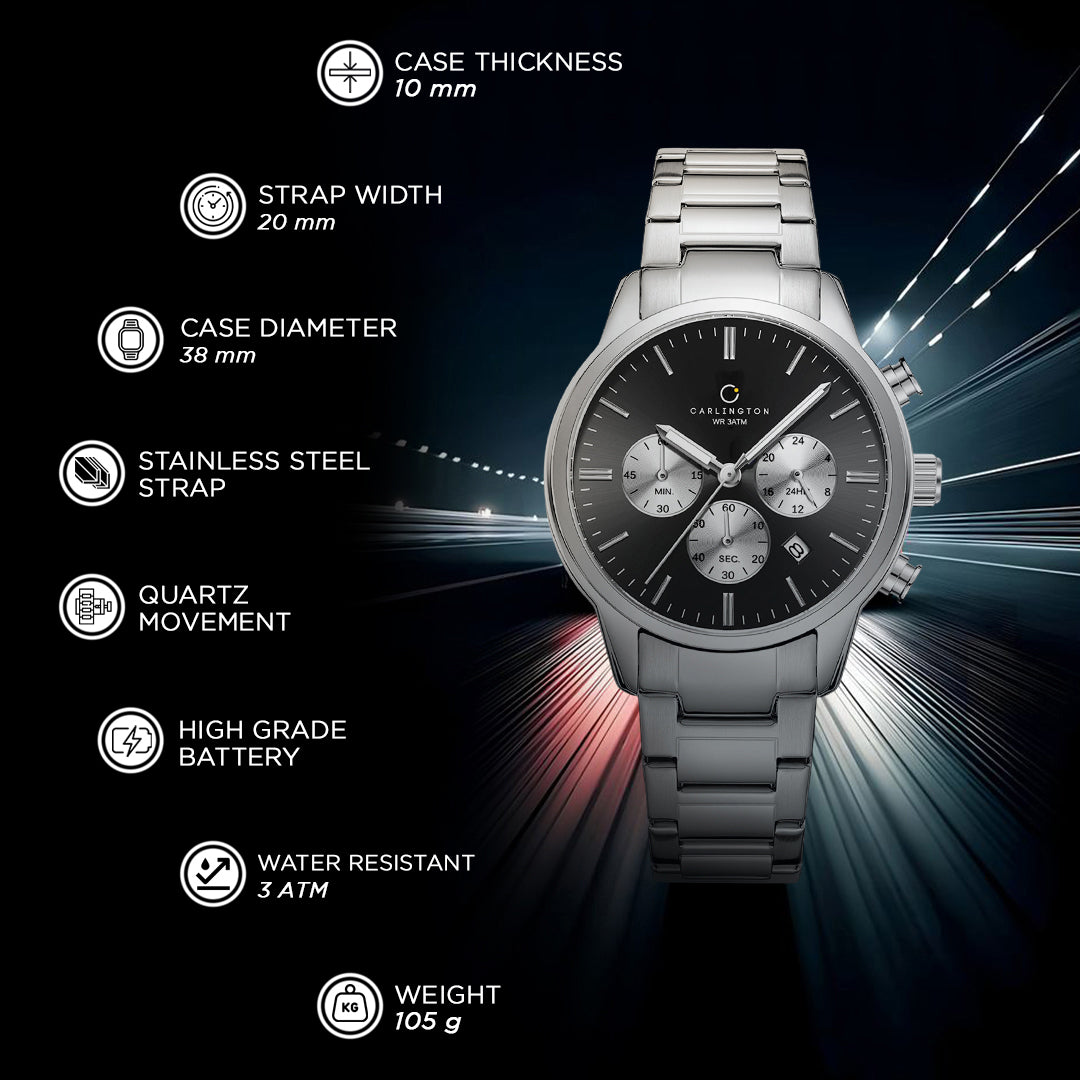 Carlington Nitro Analog Chronograph Men’s Stainless Steel Strap Wrist Watch | Quartz Movement | Water & Shock Resistant Watch for Men | Casual & Formal Wear - CT_8076