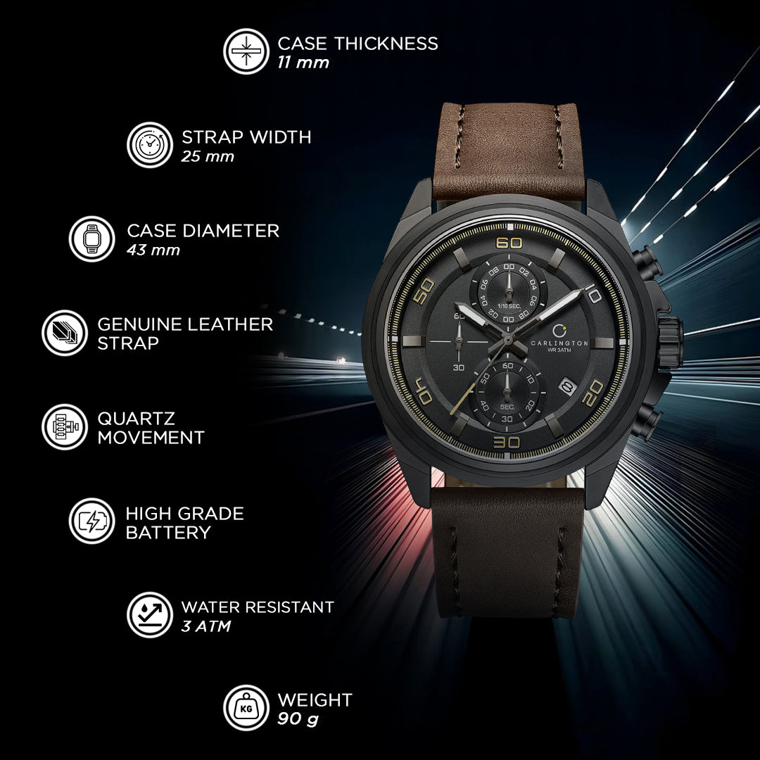Carlington Nitro Analog Chronograph Men’s Premium Leather Strap Wrist Watch | Quartz Movement | Water & Shock Resistant Watch for Men | Casual & Formal Wear - CT_8075