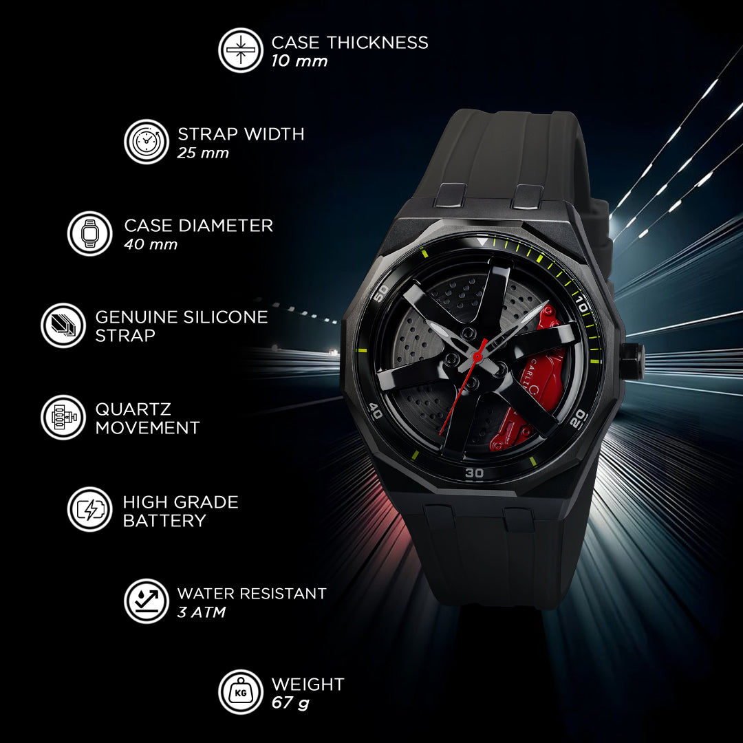 Carlington Nitro Series Analog Watches for Men | Unique Wheel Dial Design | Premium Silicone Strap | Stylish Sports Look | Quartz Movement Wrist Watches for Boys & Men_CT-7277 Black