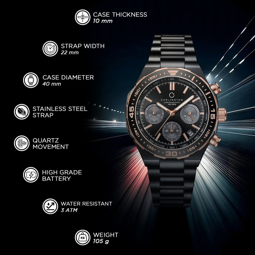 Carlington Nitro Analog Chronograph Men’s Stainless Steel Strap Wrist Watch | Quartz Movement | Water & Shock Resistant Watch for Men | Casual & Formal Wear - CT_8049