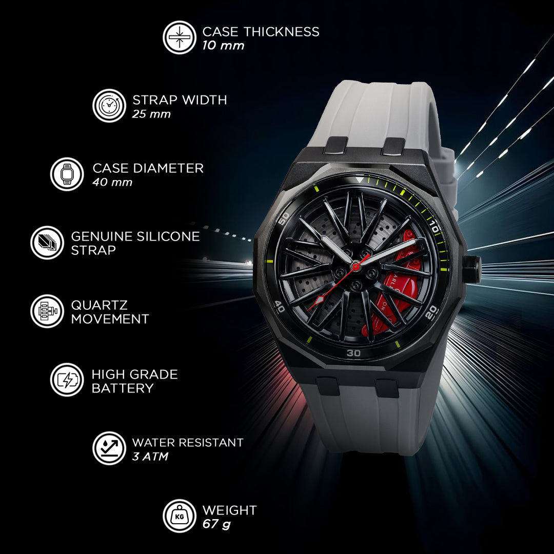 Carlington Nitro Series Analog Watches for Men | Unique Wheel Dial Design | Premium Silicone Strap | Stylish Sports Look | Quartz Movement Wrist Watches for Boys & Men_CT-7277 Grey