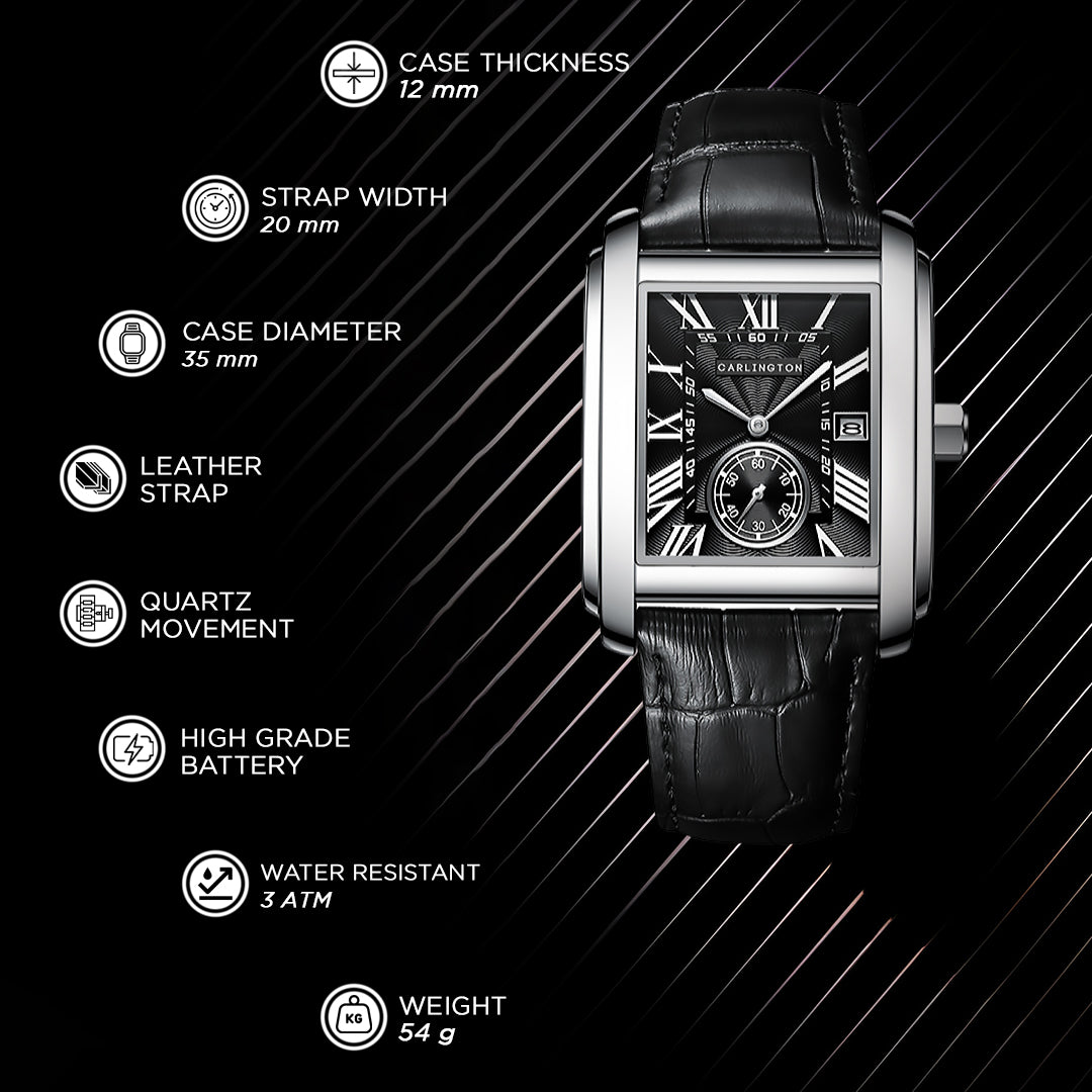 Carlington MERIDIAN 4070 Black – Luxury Men's Rectangular Analog Quartz Watch