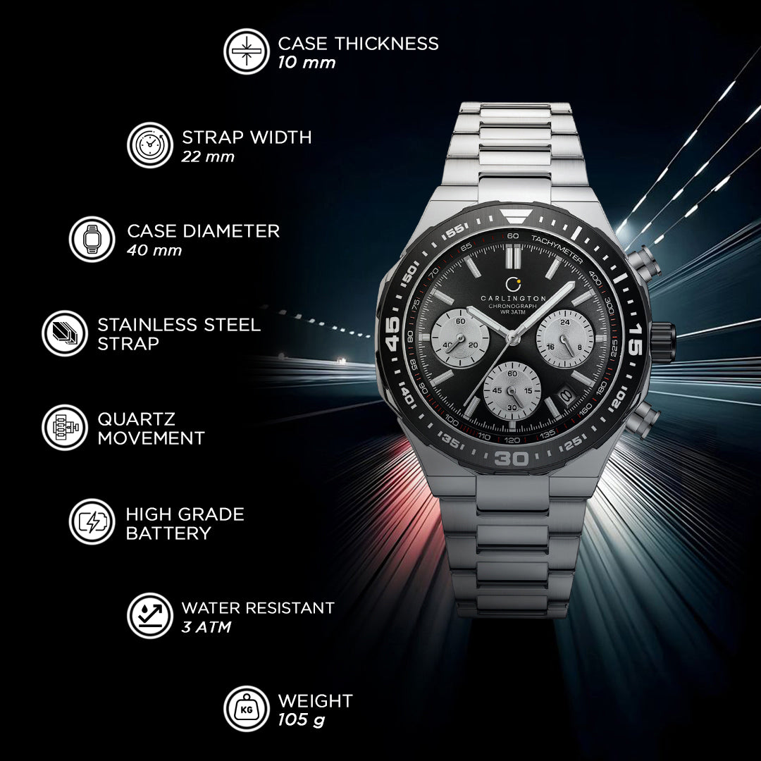 Carlington Nitro Analog Chronograph Men’s Stainless Steel Strap Wrist Watch | Quartz Movement | Water & Shock Resistant Watch for Men | Casual & Formal Wear - CT_8049