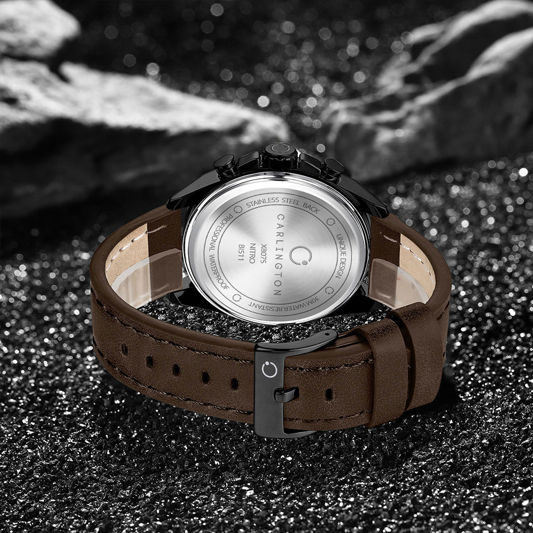 Carlington Nitro Analog Chronograph Men’s Premium Leather Strap Wrist Watch | Quartz Movement | Water & Shock Resistant Watch for Men | Casual & Formal Wear - CT_8075