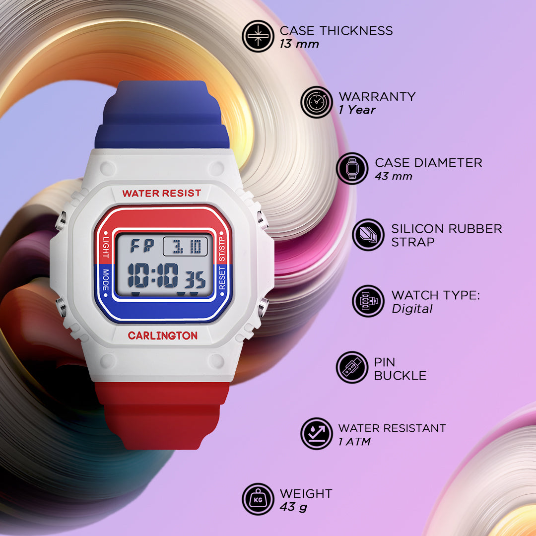 Carlington Kids Digital Watch for Boys and Girls Age 2 to 12 Years White Green Black Yellow Colour Band with Alarm and Date Display - CT_718