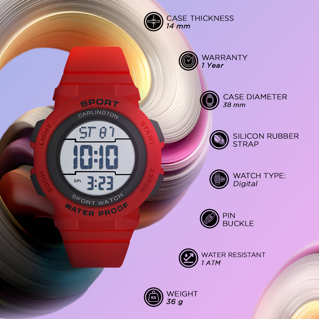 Carlington Kids Digital Watch for Boys and Girls Age 2 to 14 Years Red Purple Black Colour Band with Alarm and Date Display - CT_9123