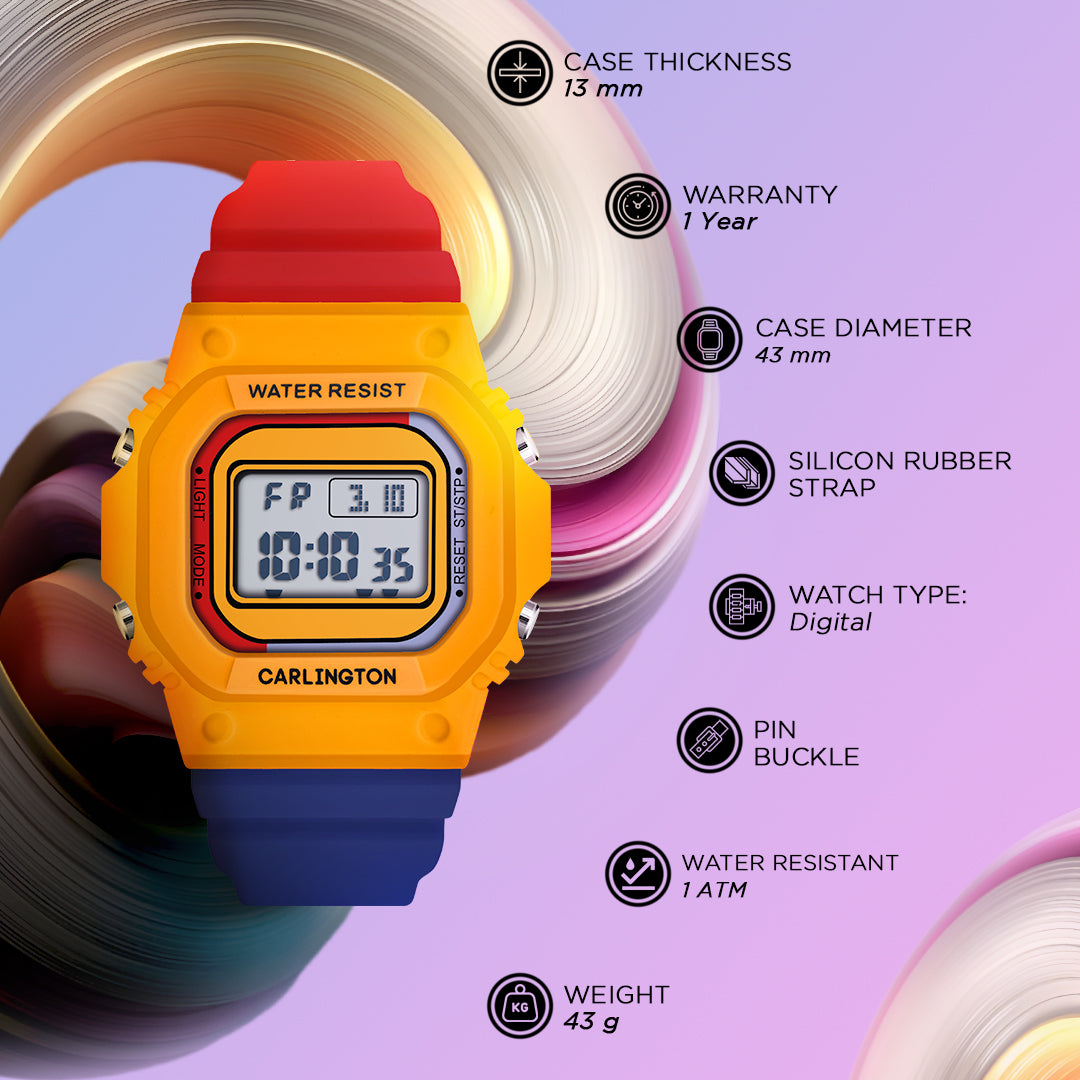 Carlington Kids Digital Watch for Boys and Girls Age 2 to 12 Years White Green Black Yellow Colour Band with Alarm and Date Display - CT_718