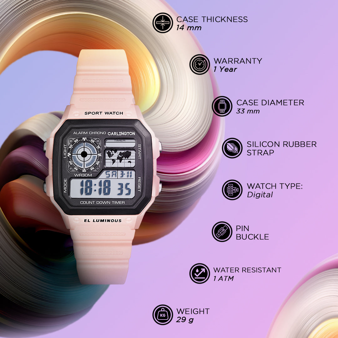 Carlington Kids Digital Watch for Boys and Girls Age 2 to 12 Years Pink Green Black Colour Band with Alarm and Date Display - CT_321