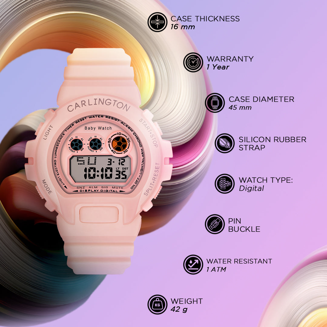 Carlington Kids Digital Watch for Boys and Girls Age 2 to 14 Years Pink Green Black Colour Band with Alarm and Date Display - CT_717