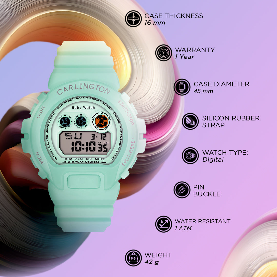 Carlington Kids Digital Watch for Boys and Girls Age 2 to 14 Years Pink Green Black Colour Band with Alarm and Date Display - CT_717