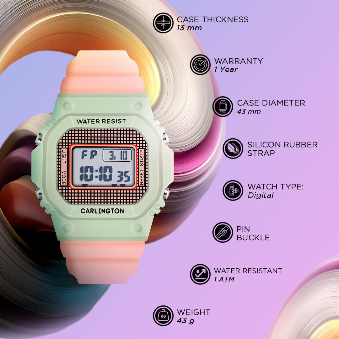 Carlington Kids Digital Watch for Boys and Girls Age 2 to 12 Years White Green Black Yellow Colour Band with Alarm and Date Display - CT_718