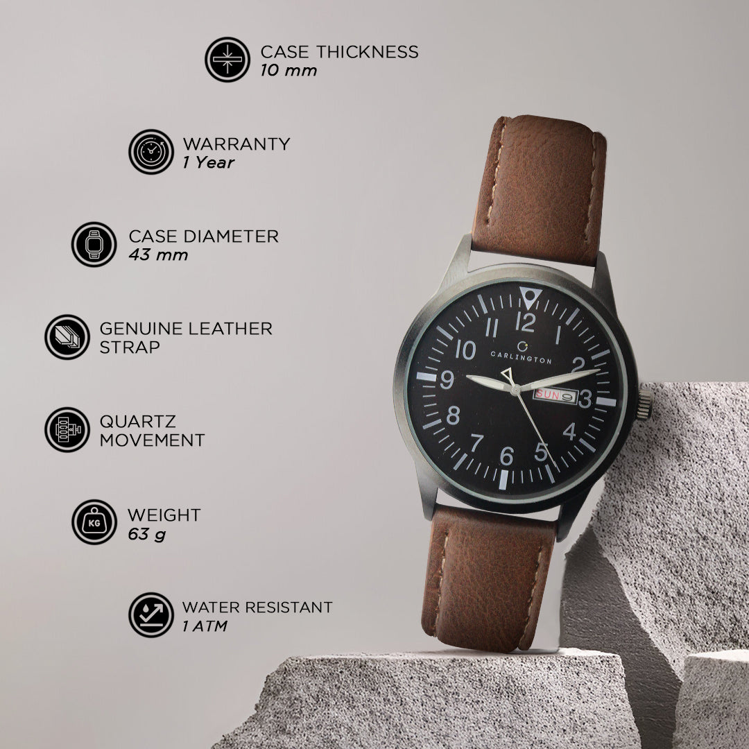 Carlington Aristocrat Series Analog Day & Date Watches for Men with Premium Leather Strap - CT 1074