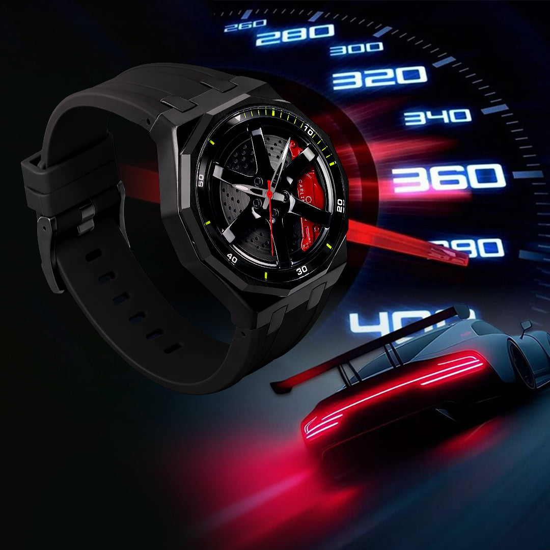 Carlington Nitro Series Analog Watches for Men | Unique Wheel Dial Design | Premium Silicone Strap | Stylish Sports Look | Quartz Movement Wrist Watches for Boys & Men_CT-7277 Black