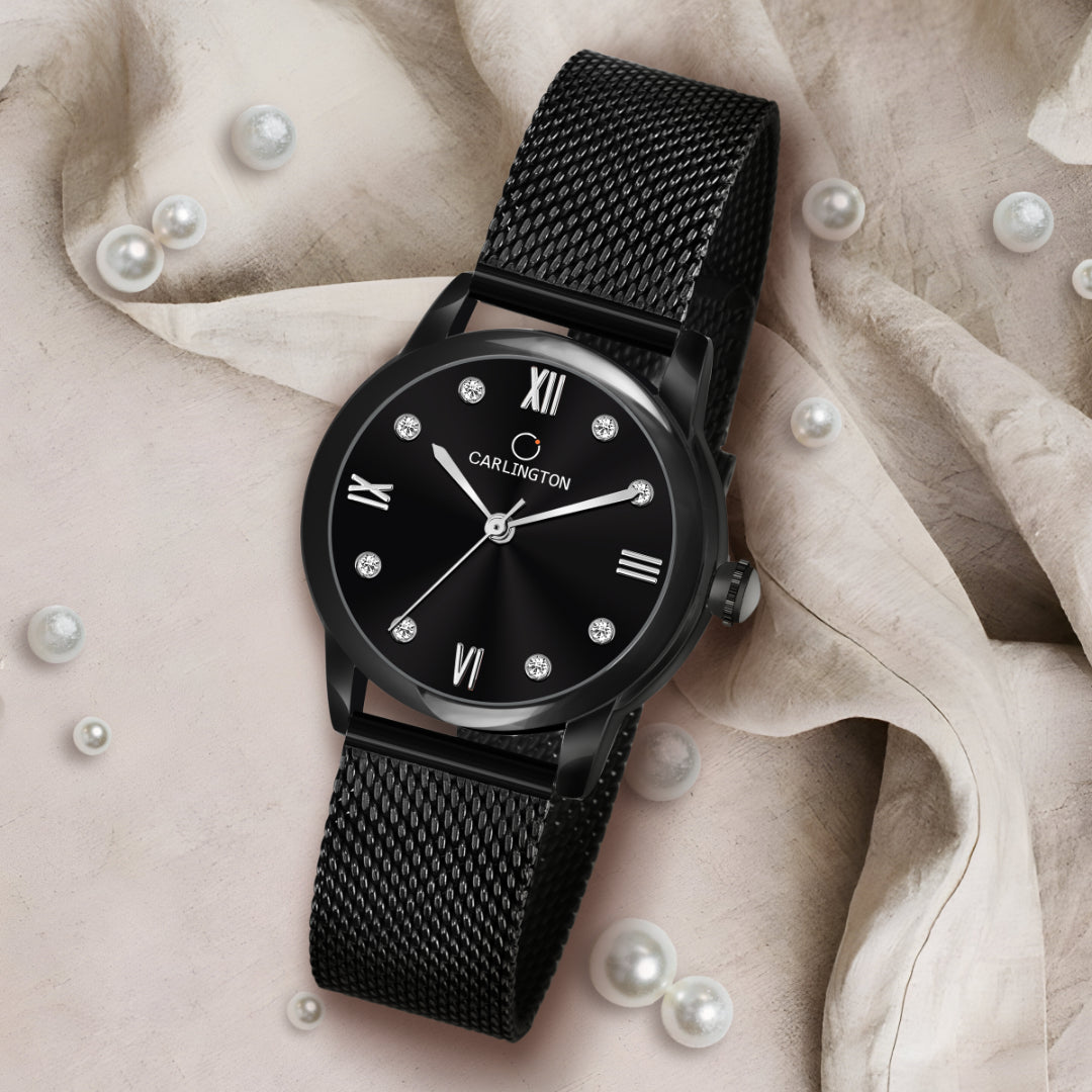 Carlington Elite Ladies Self Adjustable Mesh Strap Water Resistant Analog Watch - For Women CT2005 Black