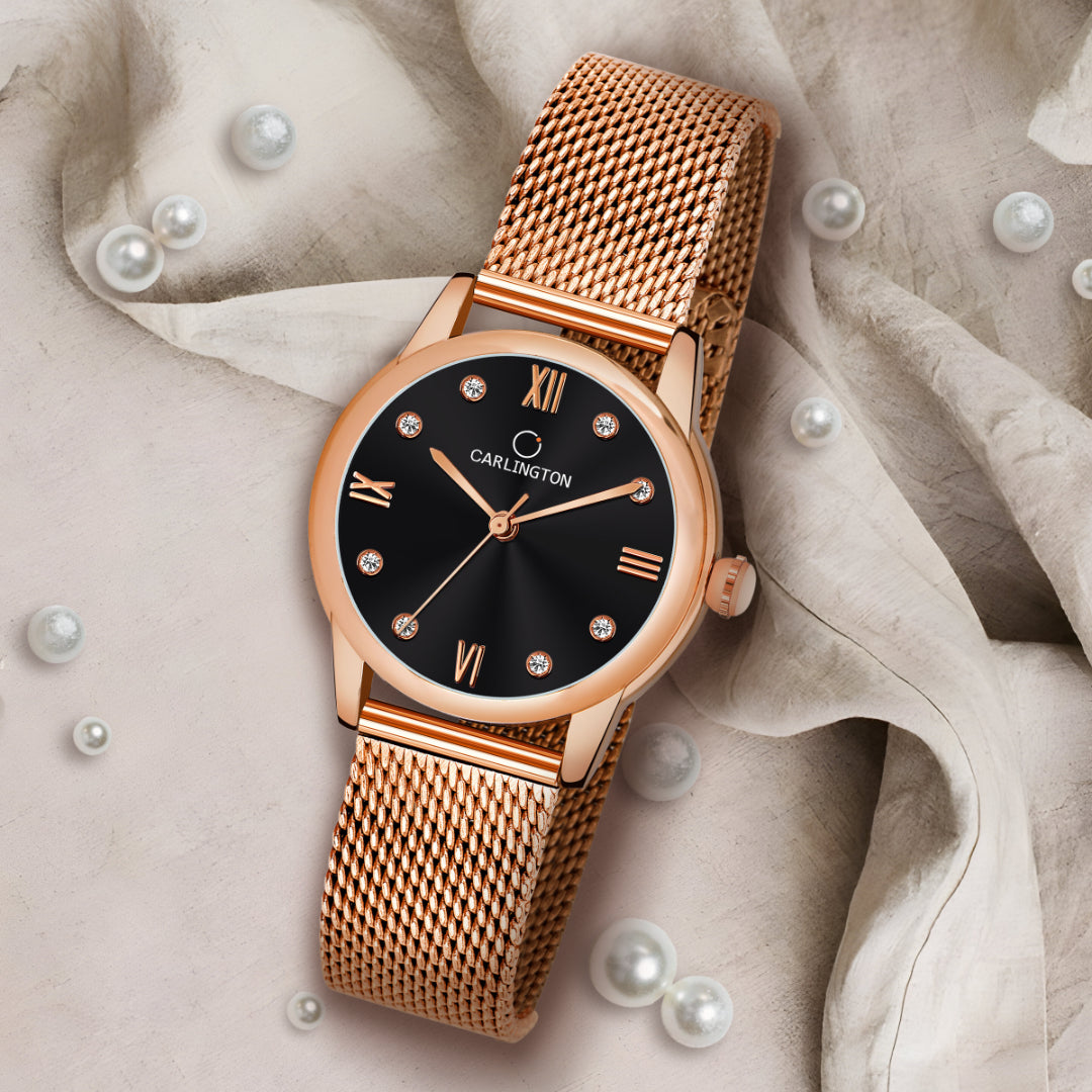 Carlington Elite Ladies Self Adjustable Mesh Strap Water Resistant Analog Watch - For Women CT2005 RoseBlack