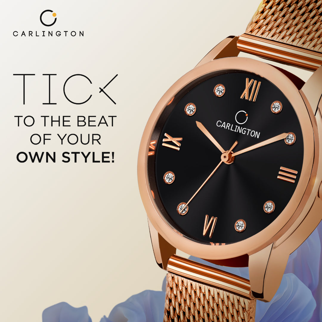 Carlington Elite Ladies Self Adjustable Mesh Strap Water Resistant Analog Watch - For Women CT2005 RoseBlack