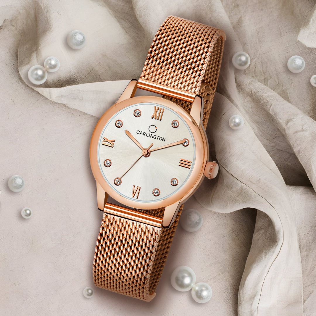 Carlington Elite Ladies Self Adjustable Mesh Strap Water Resistant Analog Watch - For Women CT2005 RoseWhite