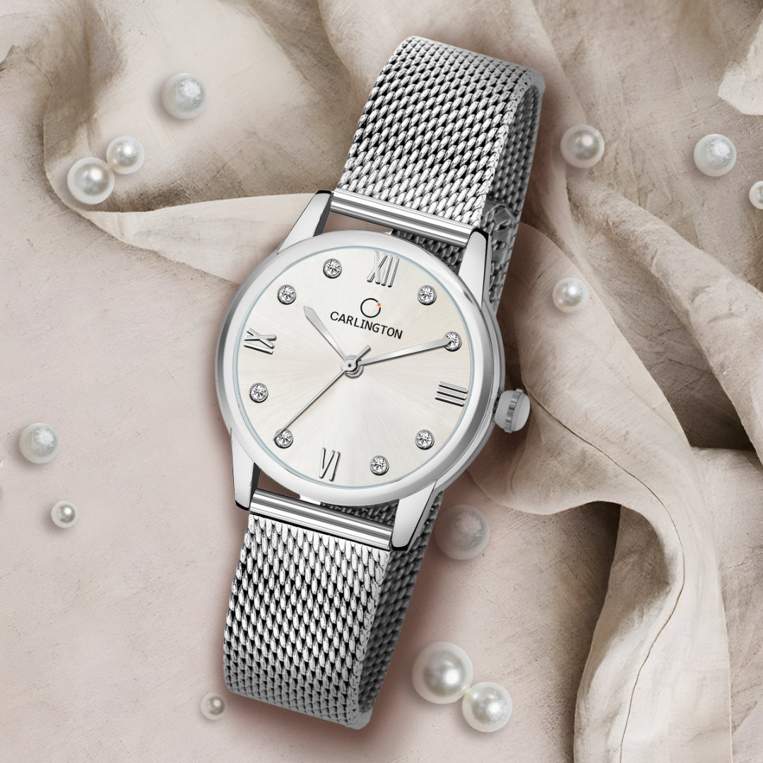 Carlington Elite Ladies Self Adjustable Mesh Strap Water Resistant Analog Watch - For Women CT2005 Silver