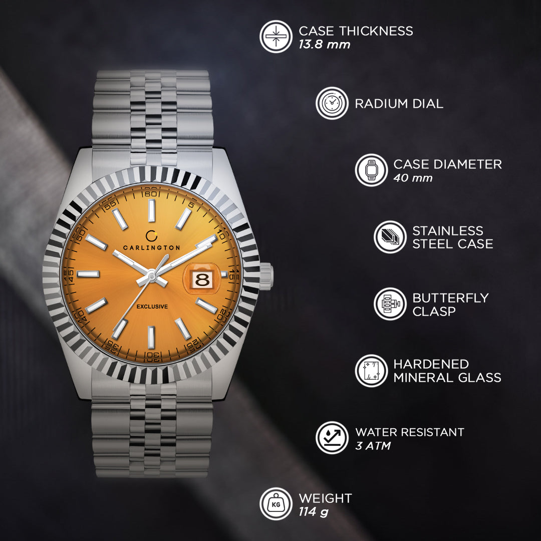 Carlington Analog Wrist Stainless Steel Watch For Men-Ct 8811 Yellow