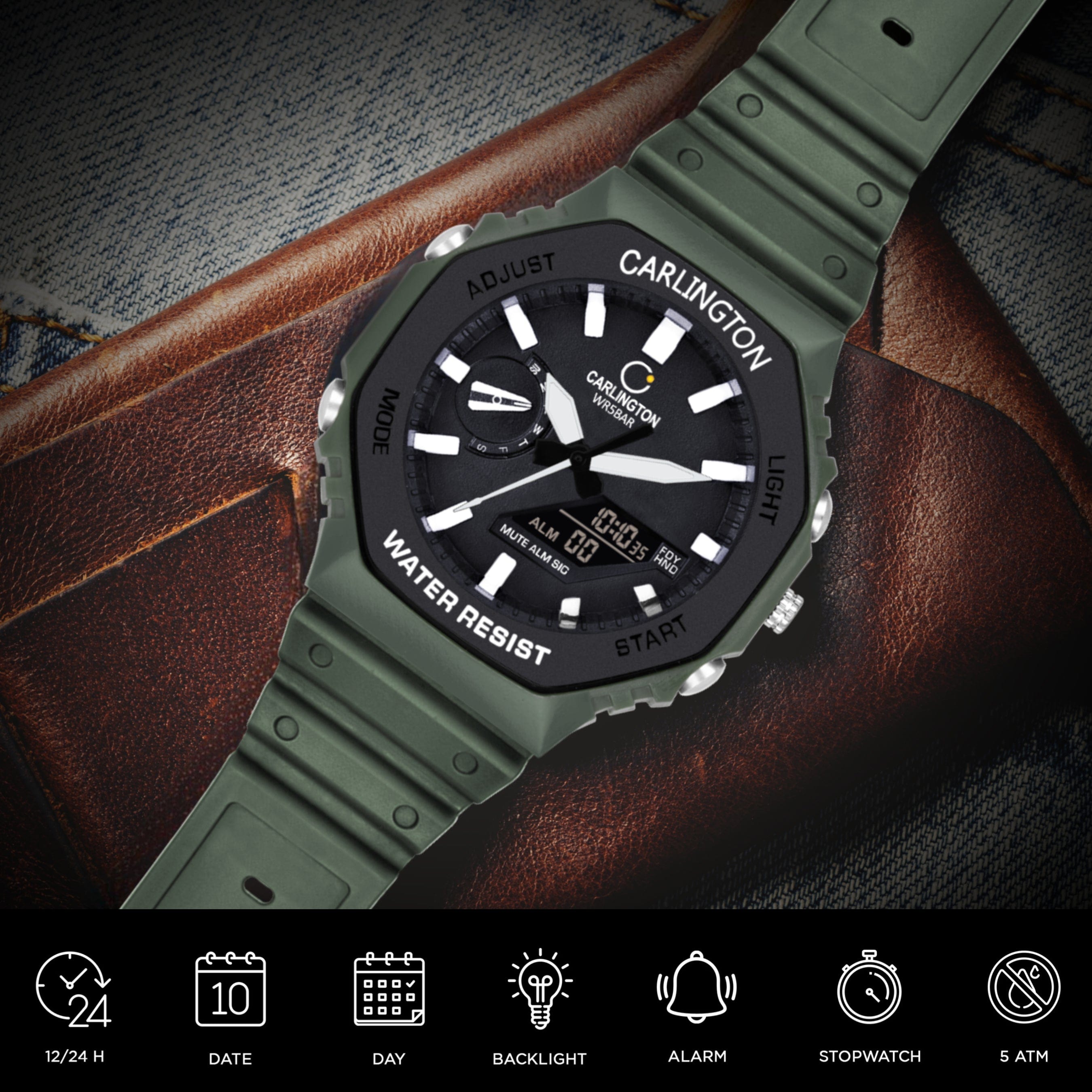 Carlington Analog-Digital Watch - 3322 Green
