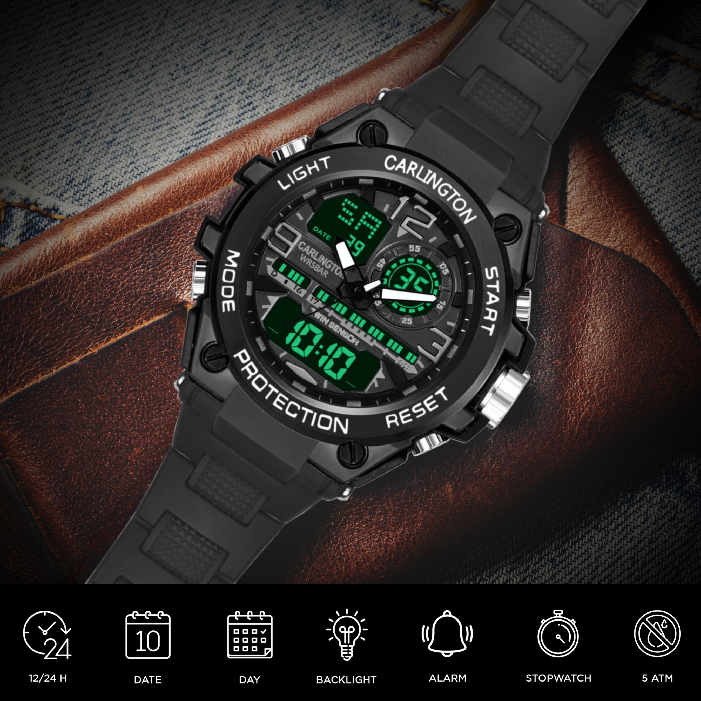 Carlington Analog-Digital Watch - 3377 Black