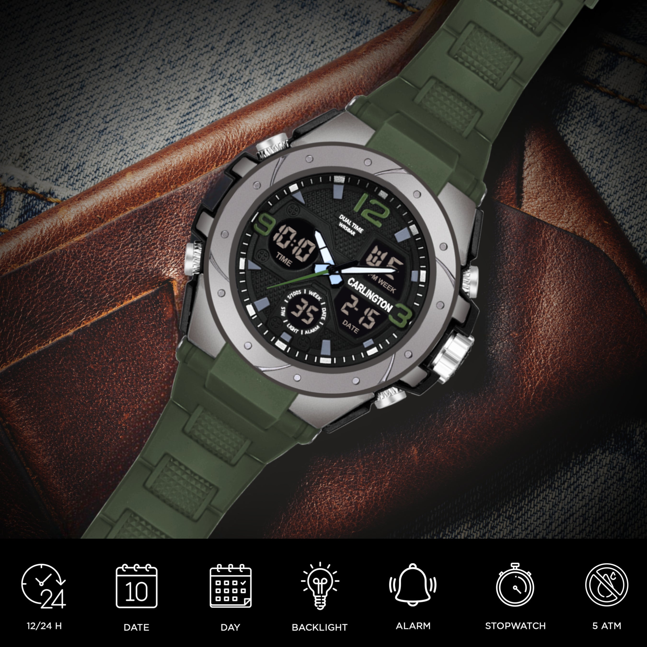 Carlington Aanlog-Digital Watch - 9105 Green