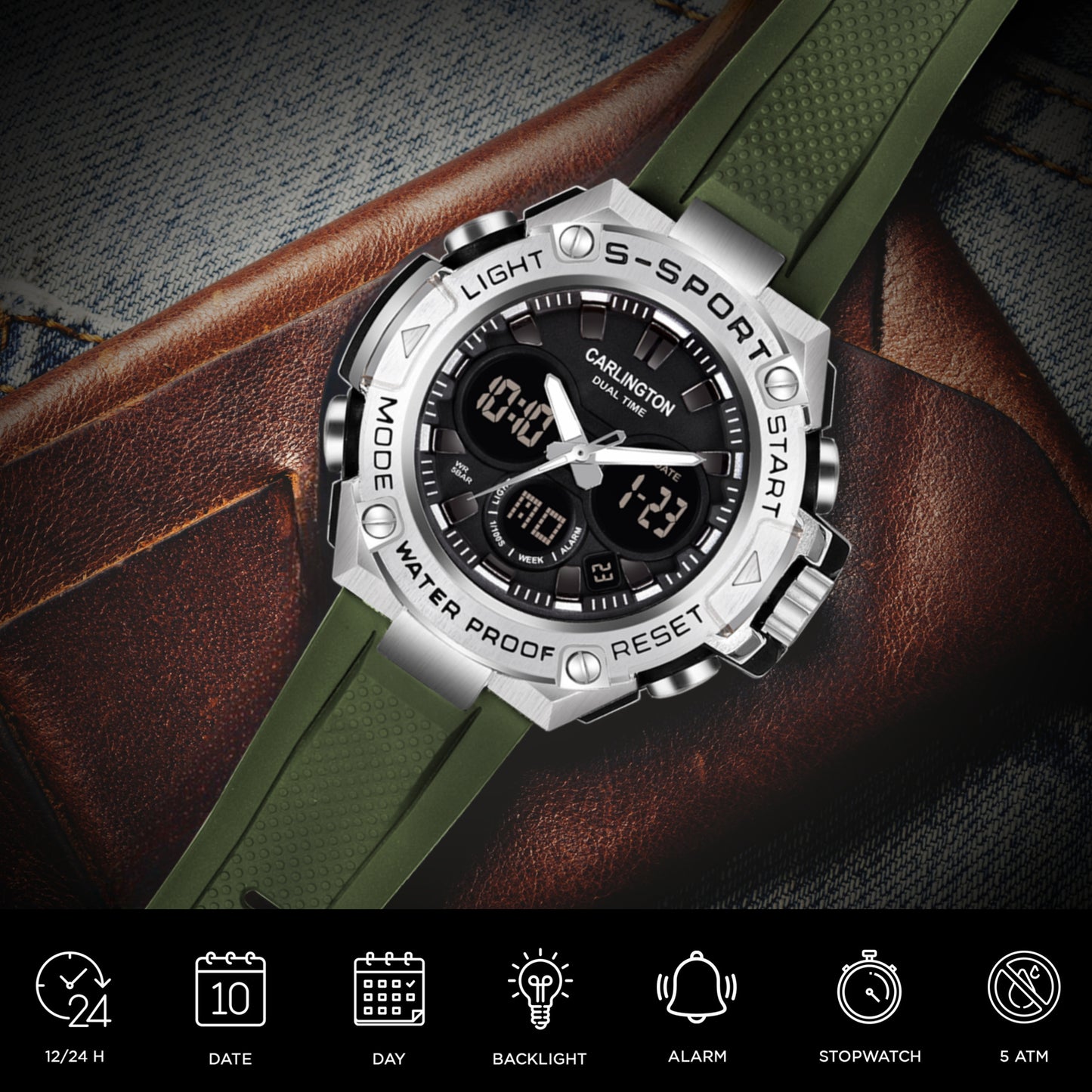 Carlington Analog-Digital Watch - 9107 Green