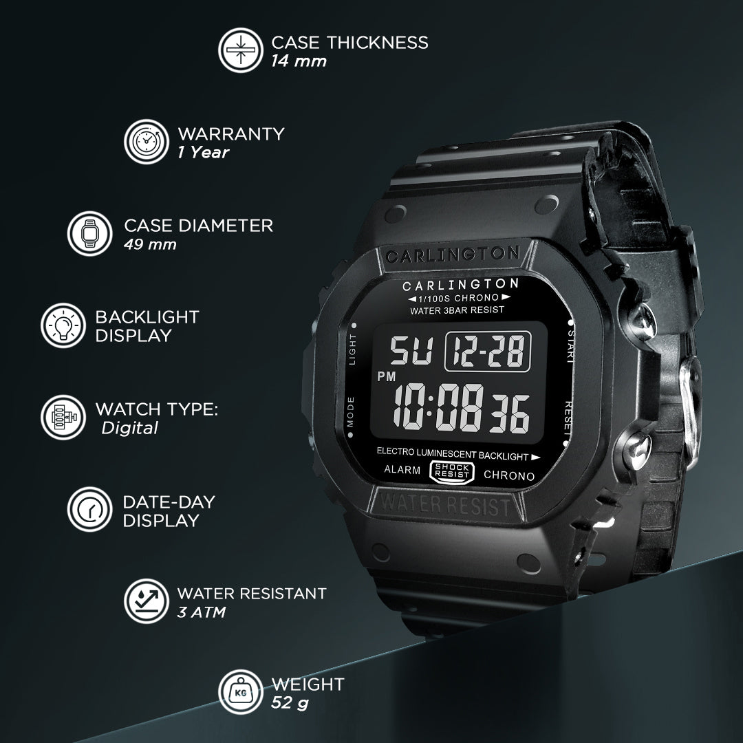 Carlington Digital Sports Watch Dual Time, Alarm, Calendar, Stopwatch, Water-Resistant, Shock-Resistant, Back Light Display. The Perfect Watch for Men - CT 1801