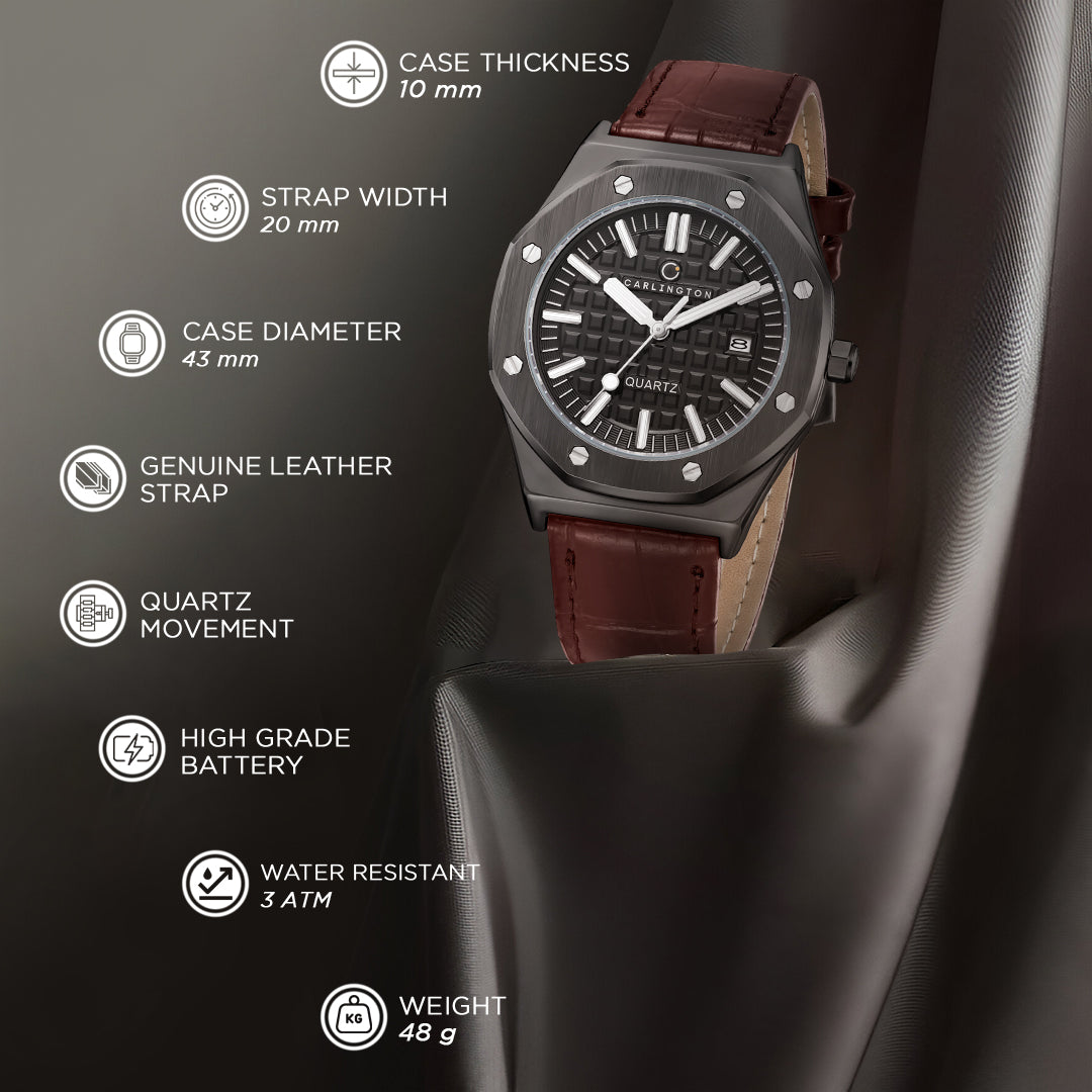 Carlington Meridian Series Analog Men Wrist Watches with Premium Leather Belt Strap | Premium Fashion Watches for Gents | CT - 4040