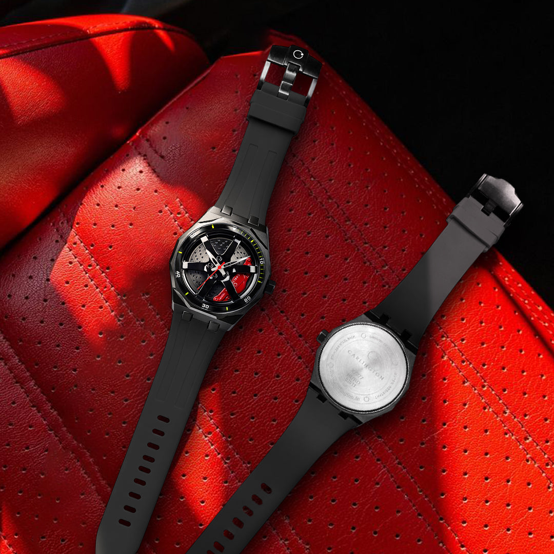 Carlington Nitro Series Analog Watches for Men | Unique Wheel Dial Design | Premium Silicone Strap | Stylish Sports Look | Quartz Movement Wrist Watches for Boys & Men_CT-7277 Black
