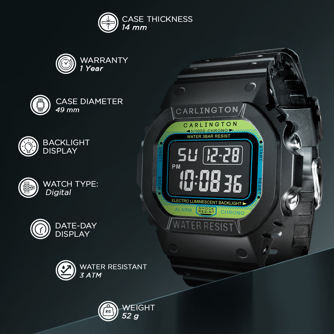 Carlington Digital Sports Watch Dual Time, Alarm, Calendar, Stopwatch, Water-Resistant, Shock-Resistant, Back Light Display. The Perfect Watch for Men - CT 1801
